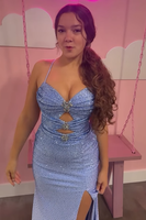 Load image into Gallery viewer, Sparkly Blue Beaded Mermaid Halter Long Prom Dress with Keyhole
