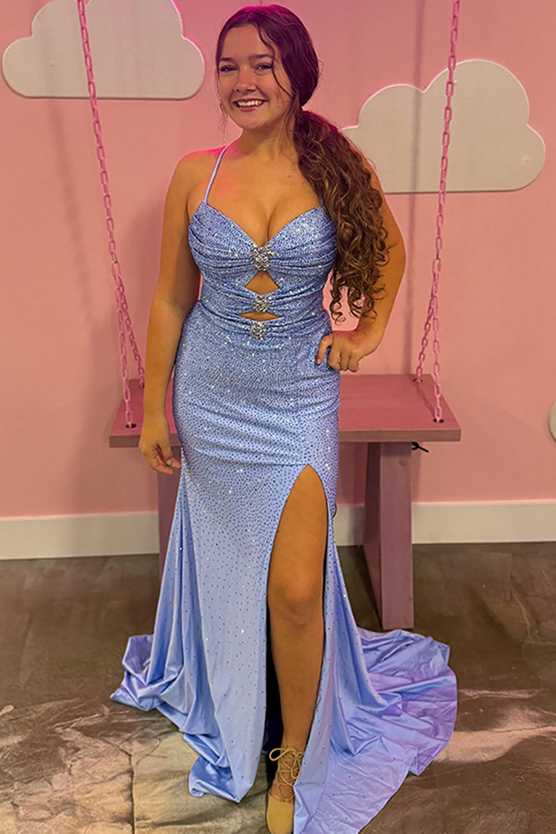 Load image into Gallery viewer, Sparkly Blue Beaded Mermaid Halter Long Prom Dress with Keyhole