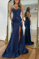 Load image into Gallery viewer, Sparkly Navy Beaded Mermaid Sweetheart Long Corset Prom Dress with Slit