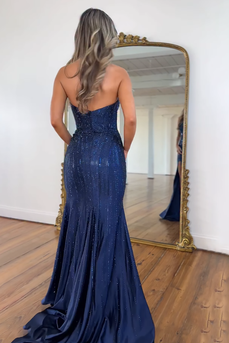Sparkly Navy Beaded Mermaid Sweetheart Long Corset Prom Dress with Slit