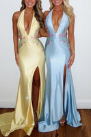 Load image into Gallery viewer, Sparkly Yellow Floral Mermaid Halter Long Prom Dress with Slit