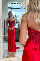 Load image into Gallery viewer, Sparkly Red Beaded Sheath Sweetheart Corset Long Prom Dress