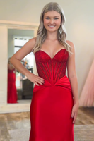 Load image into Gallery viewer, Sparkly Red Beaded Sheath Sweetheart Corset Long Prom Dress