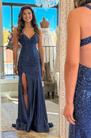 Load image into Gallery viewer, Sparkly Navy Sheath Cut Out Beaded Long Prom Dress with Slit