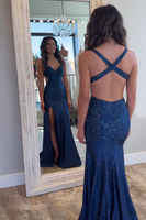 Load image into Gallery viewer, Sparkly Navy Sheath Cut Out Beaded Long Prom Dress with Slit