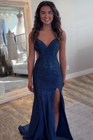 Load image into Gallery viewer, Sparkly Navy Sheath Cut Out Beaded Long Prom Dress with Slit