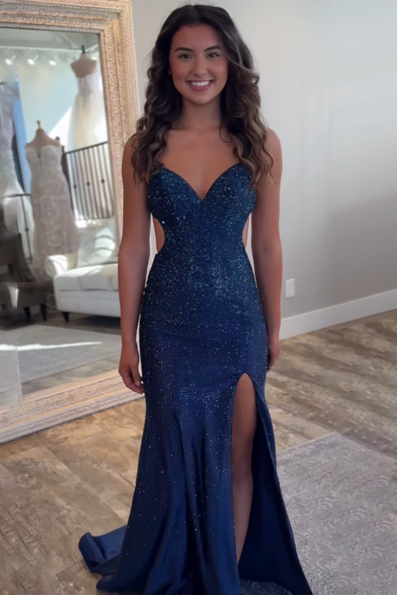 Load image into Gallery viewer, Sparkly Navy Sheath Cut Out Beaded Long Prom Dress with Slit