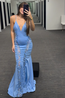 Load image into Gallery viewer, Blue Deep V Neck Mermaid Long Prom Dress with Appliques