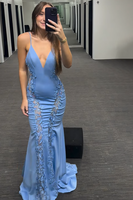 Load image into Gallery viewer, Blue Deep V Neck Mermaid Long Prom Dress with Appliques