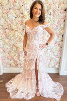Load image into Gallery viewer, Pink Flower Ruffled Off the Shoulder Long Corset Prom Dress with Slit