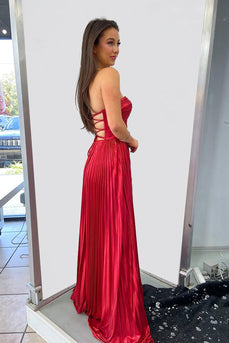 Sparkly Red Strapless Metallic Long Corset Prom Dress