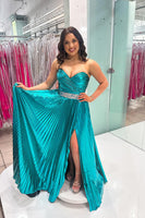Load image into Gallery viewer, Sparkly Peacock Green Sweetheart Long Metallic Prom Dress with Slit