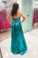 Load image into Gallery viewer, Sparkly Peacock Green Sweetheart Long Metallic Prom Dress with Slit