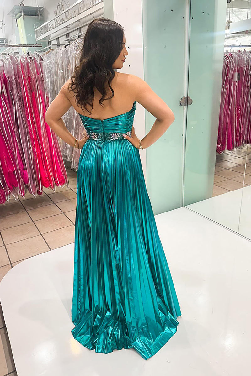 Load image into Gallery viewer, Sparkly Peacock Green Sweetheart Long Metallic Prom Dress with Slit