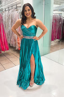 Load image into Gallery viewer, Sparkly Peacock Green Sweetheart Long Metallic Prom Dress with Slit