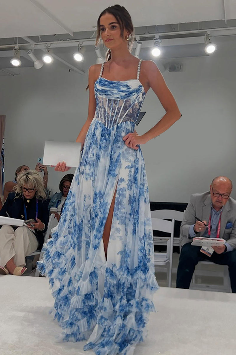 Load image into Gallery viewer, Blue Floral Spaghetti Straps Ruffled Long Corset Prom Dress with Slit