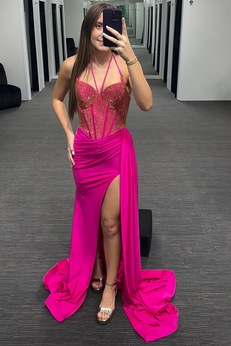 Load image into Gallery viewer, Sparkly Fuchsia Mermaid Beaded Long Corset Prom Dress with Slit