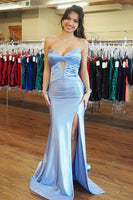 Load image into Gallery viewer, Light Blue Sweetheart Long Mermaid Prom Dress with Keyhole