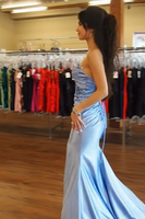 Load image into Gallery viewer, Light Blue Sweetheart Long Mermaid Prom Dress with Keyhole