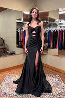 Load image into Gallery viewer, Black Sweetheart Satin Mermaid Long Prom Dress with Keyhole