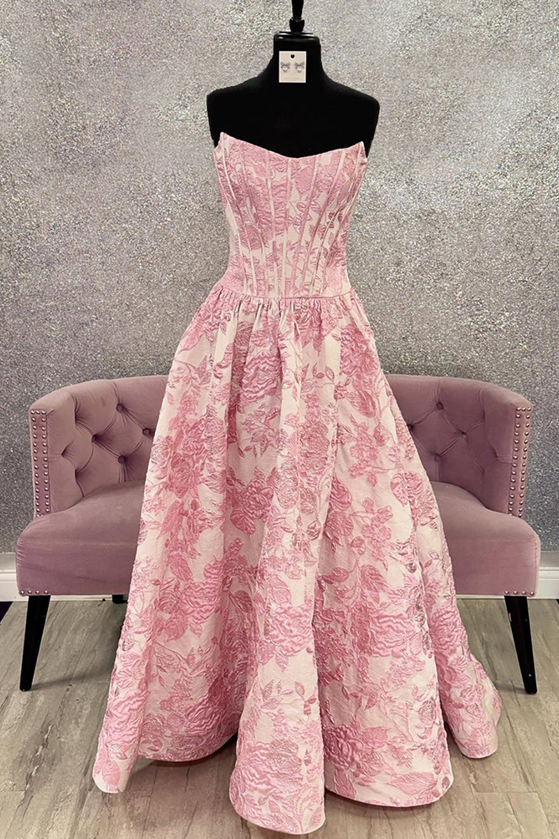 Load image into Gallery viewer, Pink Floral Jacquard A Line Strapless Long Corset Prom Dress