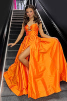 Load image into Gallery viewer, Sparkly Orange A Line Spaghetti Straps Long Prom Dress with Keyhole