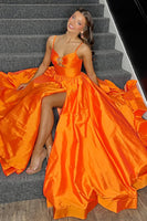 Load image into Gallery viewer, Sparkly Orange A Line Spaghetti Straps Long Prom Dress with Keyhole