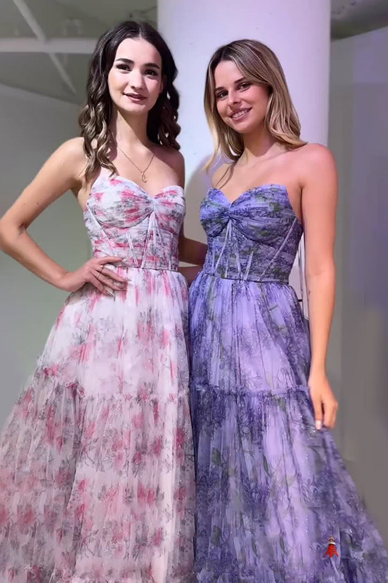 Load image into Gallery viewer, Sparkly Pink Floral A Line Strapless Long Corset Prom Dress