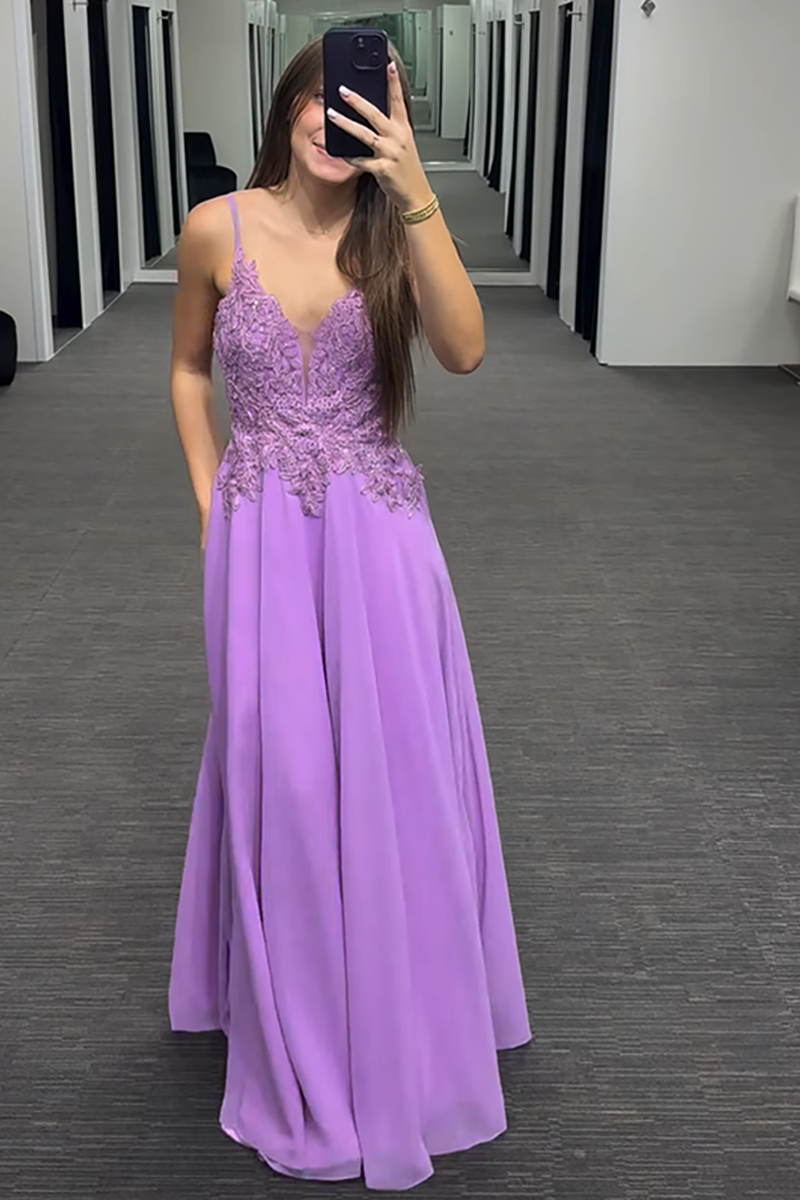 Load image into Gallery viewer, Purple Spaghetti Straps A Line Long Prom Dress with Appliques