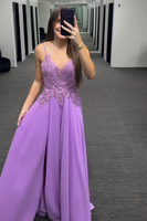 Load image into Gallery viewer, Purple Spaghetti Straps A Line Long Prom Dress with Appliques
