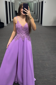 Purple Spaghetti Straps A Line Long Prom Dress with Appliques