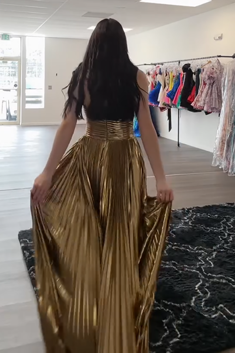 Load image into Gallery viewer, Sparkly Gold Sweetheart Metallic A Line Long Prom Dress with Keyhole