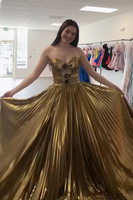 Load image into Gallery viewer, Sparkly Gold Sweetheart Metallic A Line Long Prom Dress with Keyhole
