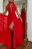 Load image into Gallery viewer, Red Neck Scarf Chiffon Pleated Long Prom Dress with Slit