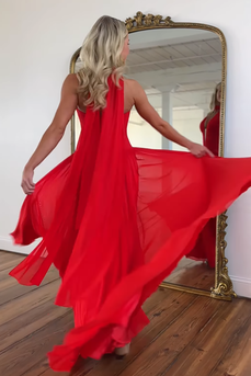 Red Neck Scarf Chiffon Pleated Long Prom Dress with Slit