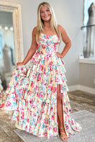 Load image into Gallery viewer, Yellow Floral Strapless Ruffled Long Corset Prom Dress with Slit