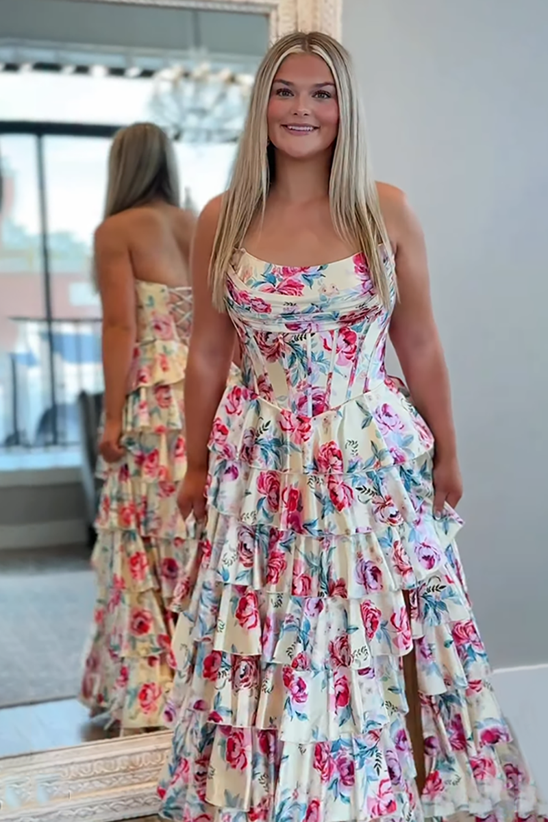 Load image into Gallery viewer, Yellow Floral Strapless Ruffled Long Corset Prom Dress with Slit