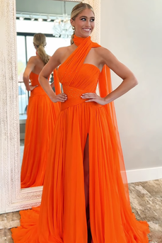 Sparkly Orange A Line Neck Scarf Long Prom Dress with Slit