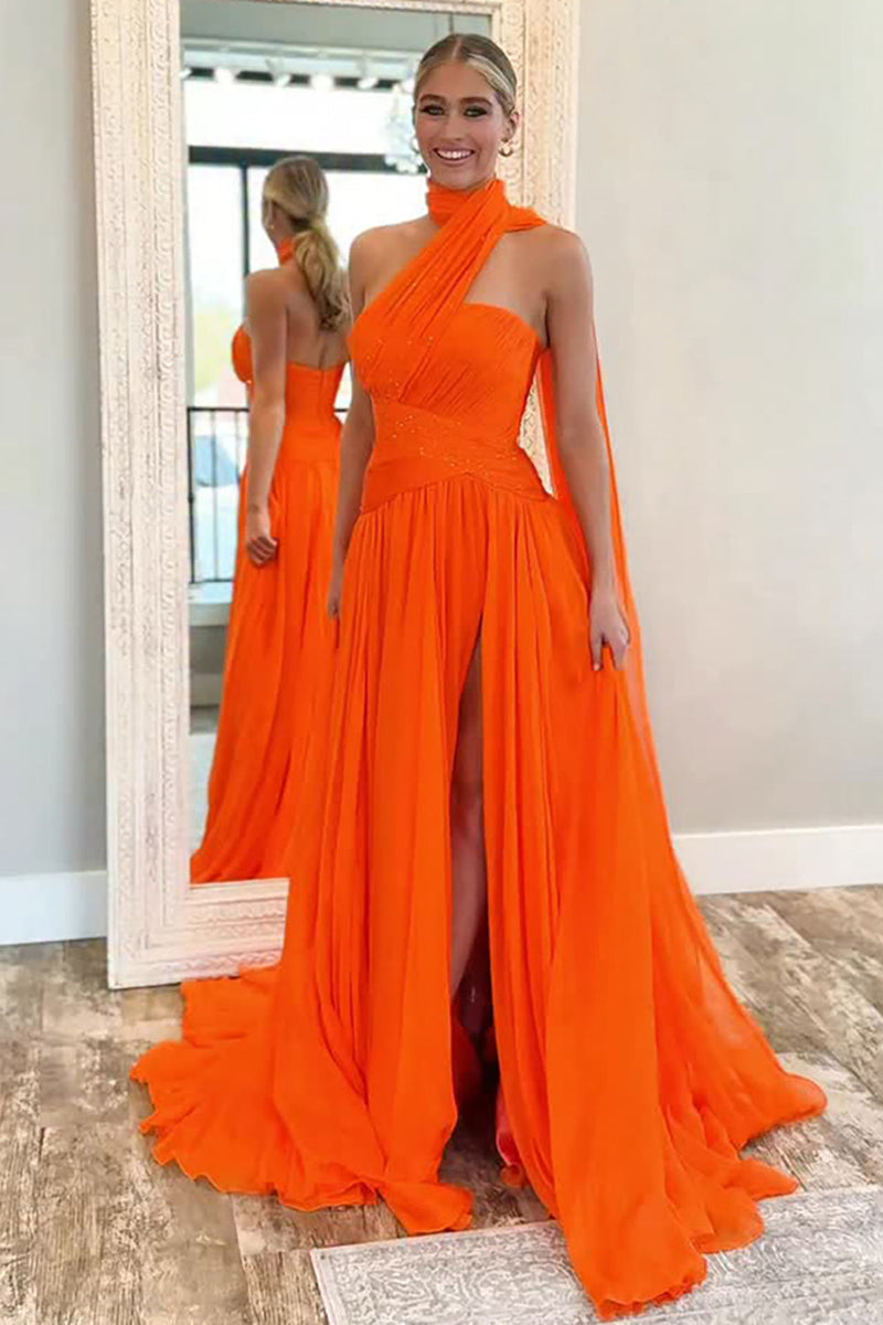 Load image into Gallery viewer, Sparkly Orange A Line Neck Scarf Long Prom Dress with Slit