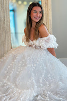 Load image into Gallery viewer, Sparkly White Off the Shoulder Floral A Line Long Corset Prom Dress