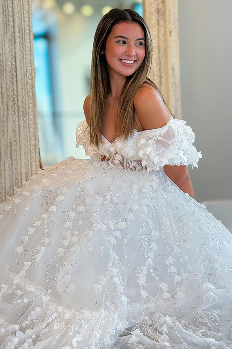 Load image into Gallery viewer, Sparkly White Off the Shoulder Floral A Line Long Corset Prom Dress