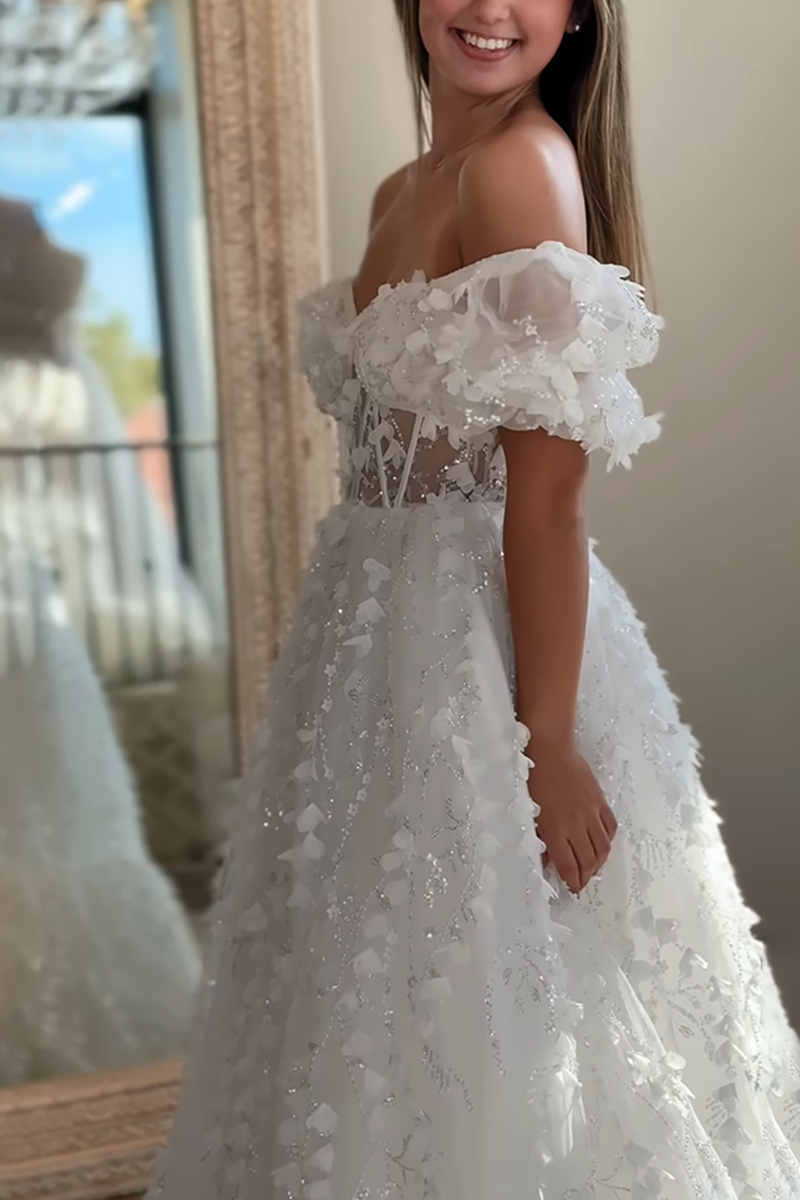 Load image into Gallery viewer, Sparkly White Off the Shoulder Floral A Line Long Corset Prom Dress