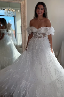 Load image into Gallery viewer, Sparkly White Off the Shoulder Floral A Line Long Corset Prom Dress