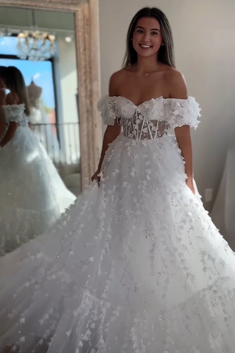 Load image into Gallery viewer, Sparkly White Off the Shoulder Floral A Line Long Corset Prom Dress