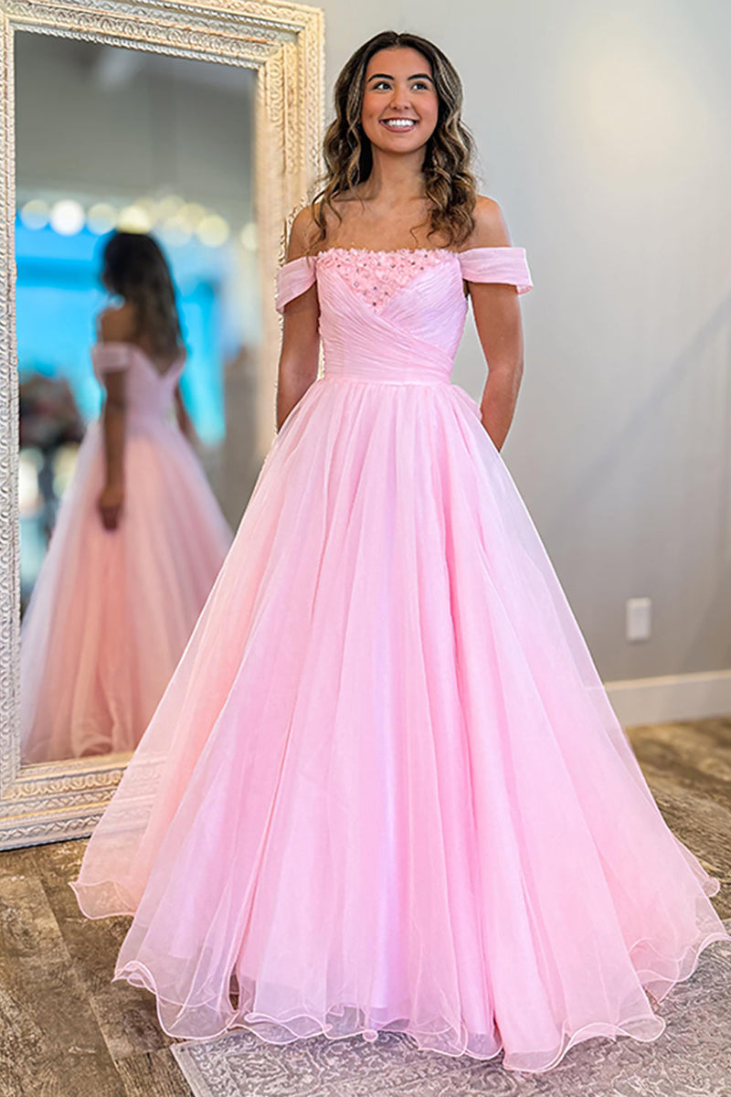 Load image into Gallery viewer, Sparkly Pink A Line Off the Shoulder Tulle Long Prom Dress