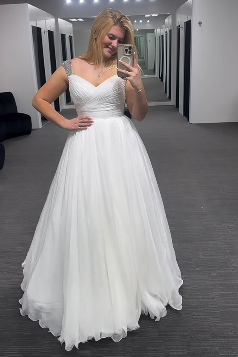 Load image into Gallery viewer, Sparkly White Beaded Thick Straps Tulle Long Prom Dress