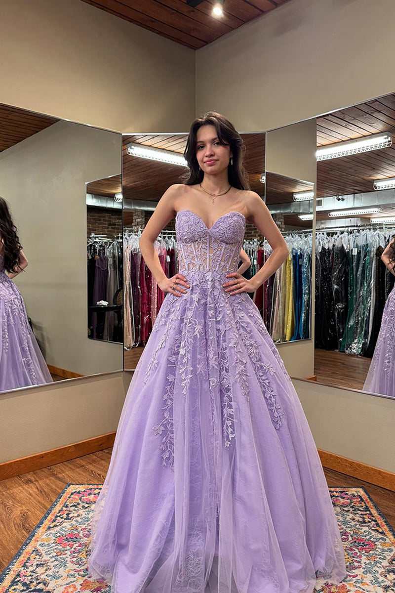 Load image into Gallery viewer, Purple Sweetheart A Line Long Corset Prom Dress with Appliques