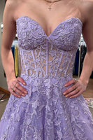 Load image into Gallery viewer, Purple Sweetheart A Line Long Corset Prom Dress with Appliques