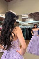 Load image into Gallery viewer, Purple Sweetheart A Line Long Corset Prom Dress with Appliques