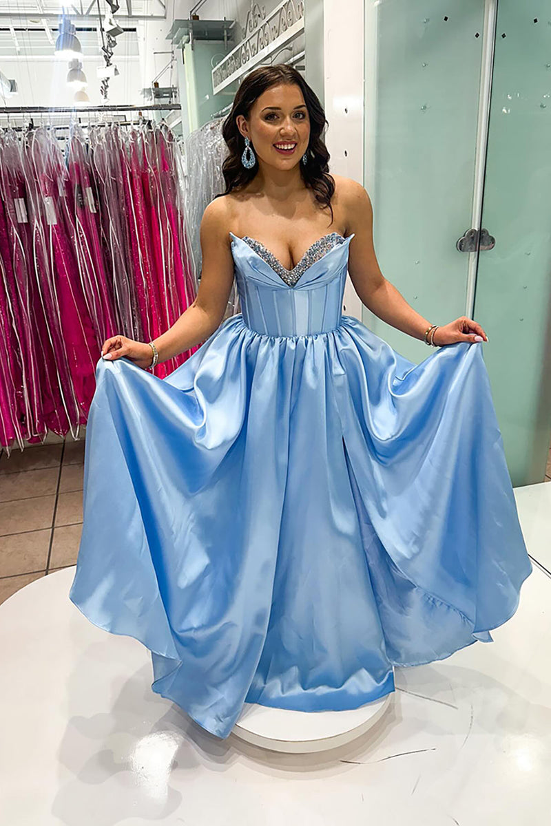 Load image into Gallery viewer, Sparkly Light Blue Long Sweetheart Corset Prom Dress with Slit